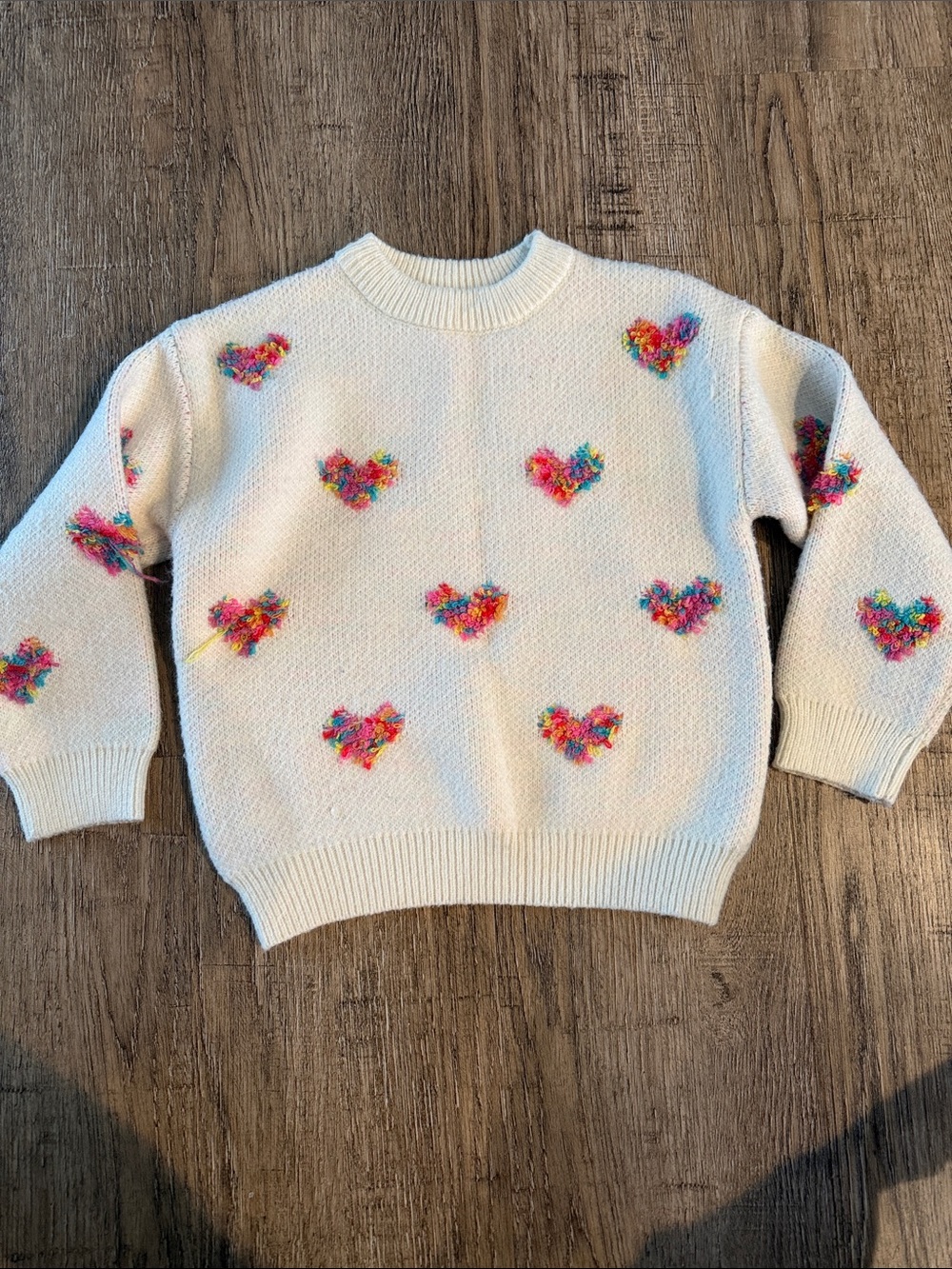 SHEIN Ivory Crewneck Sweater with Rainbow Heart Appliqués